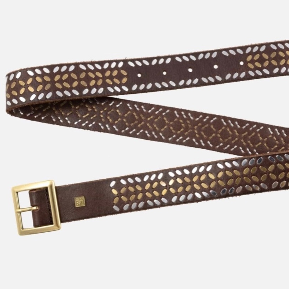Brown Leather Studded Floral-Pattern Belt with Gold Buckle